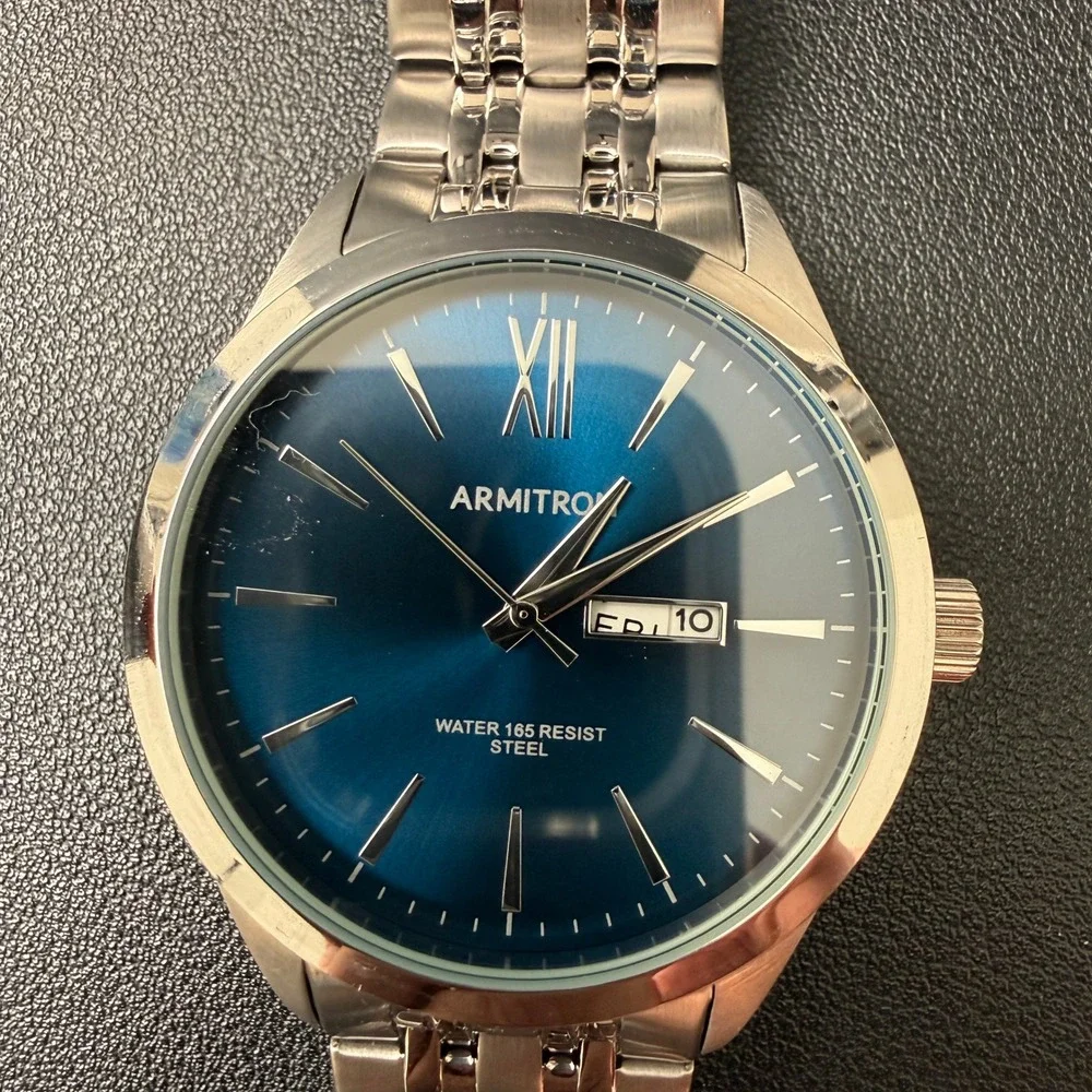 Armitron 20/5491SV Men's Blue Dial Day/Date Silver Tone Watch New Battery
